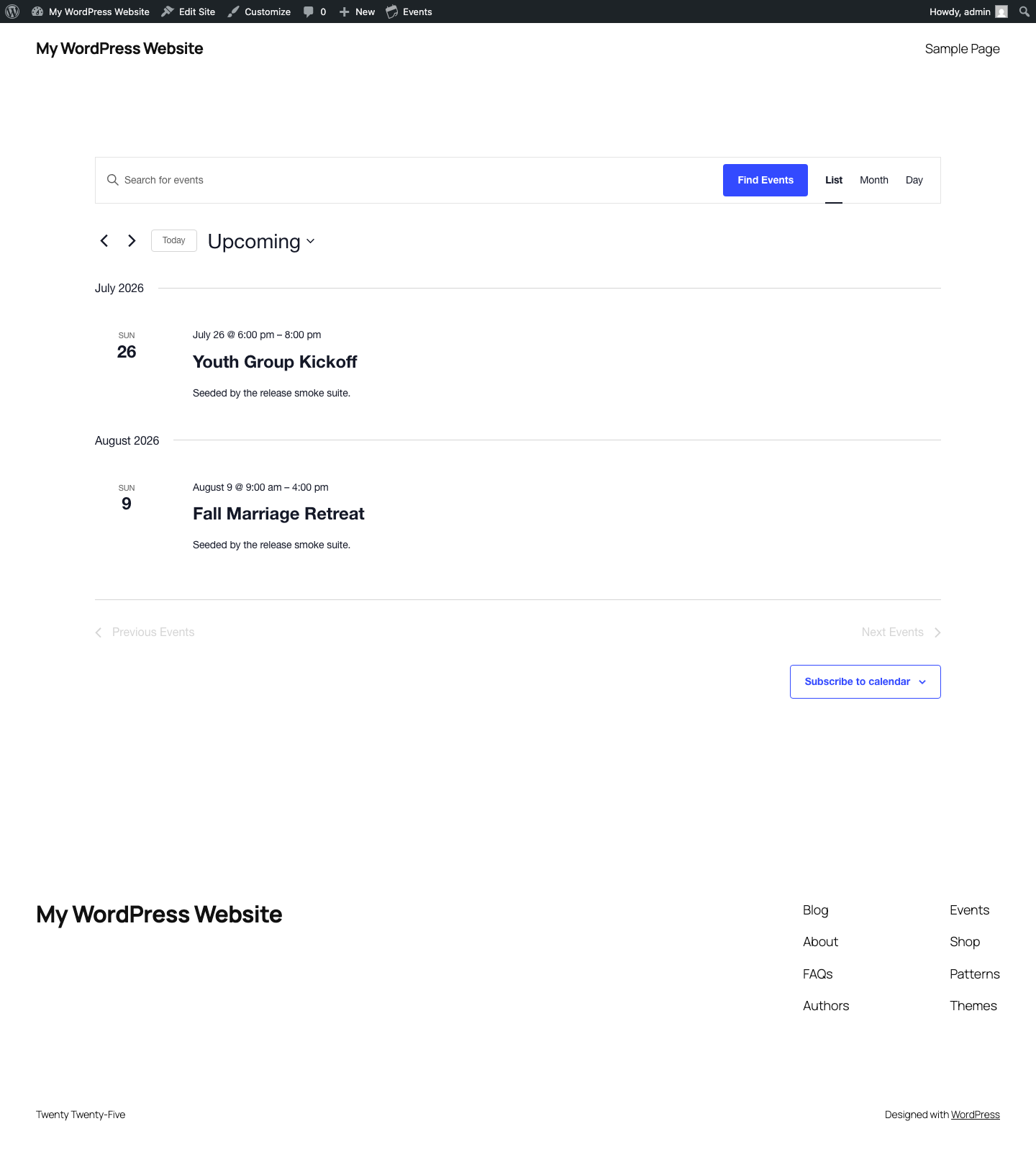 Synced events displayed on the front end in The Events Calendar.