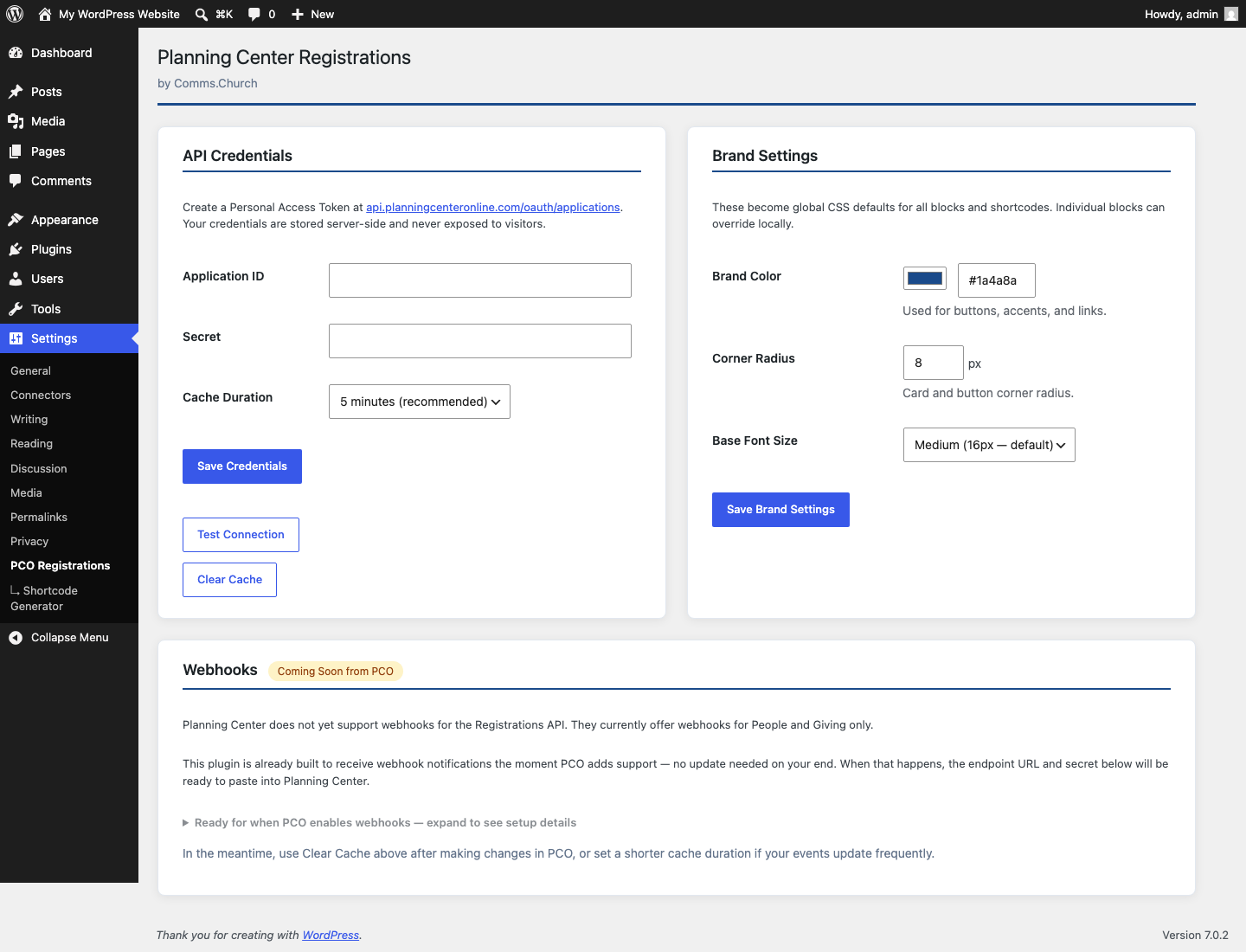 PCO Registrations settings screen in the WordPress admin, showing API credential and brand fields.