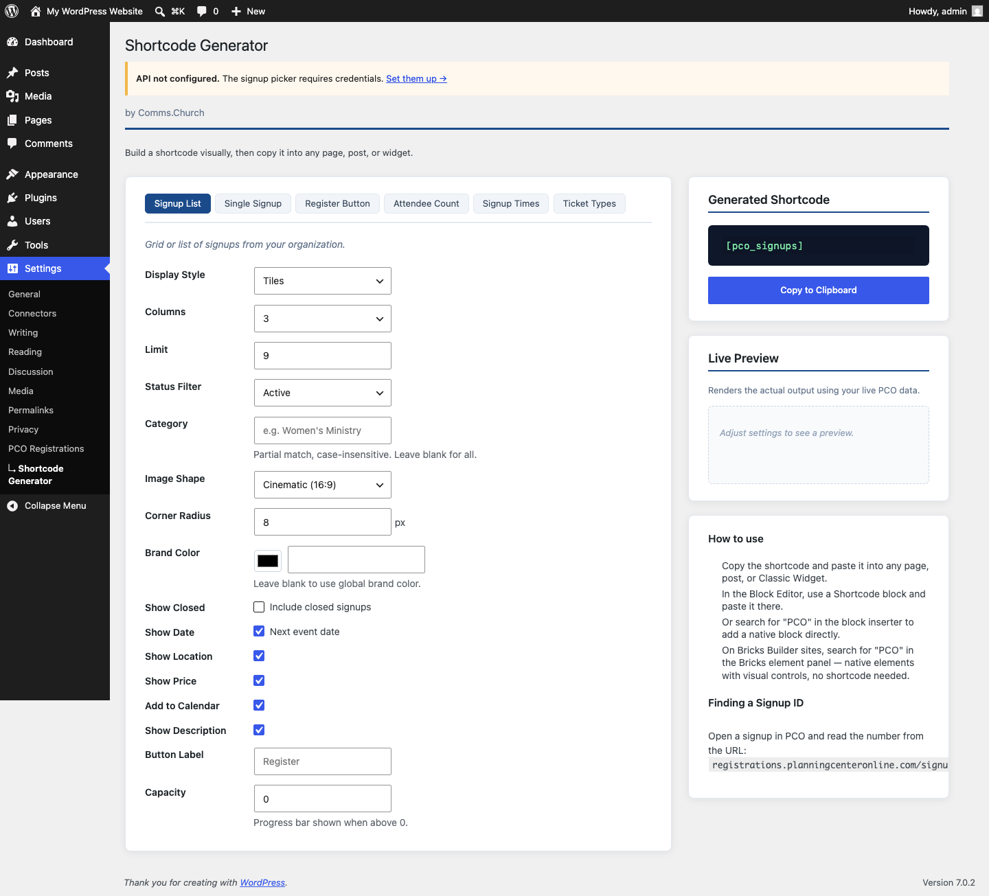 The built-in shortcode generator for placing event displays on any page.