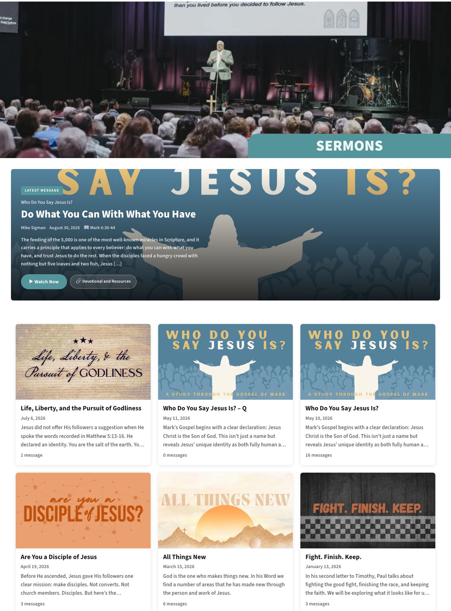 The public sermon library page showing series and sermons with filtering.